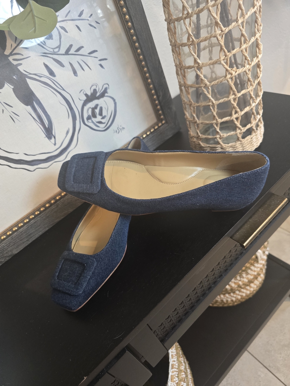 Talbots Women's Denim Square Toe Sutton Buckle Ballet Flats Slip-On 8M